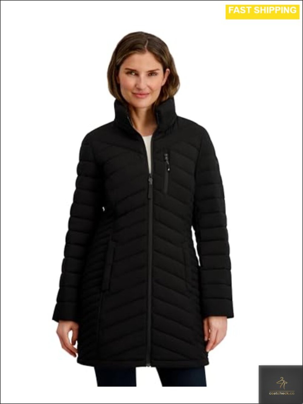 Quilted Midweight Stretch Puffer Jacket Detachable Hood Womens Winter Coat